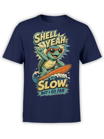 Retro green turtle surfing on an orange board with sunglasses and “Shell Yeah” art on a navy T-shirt