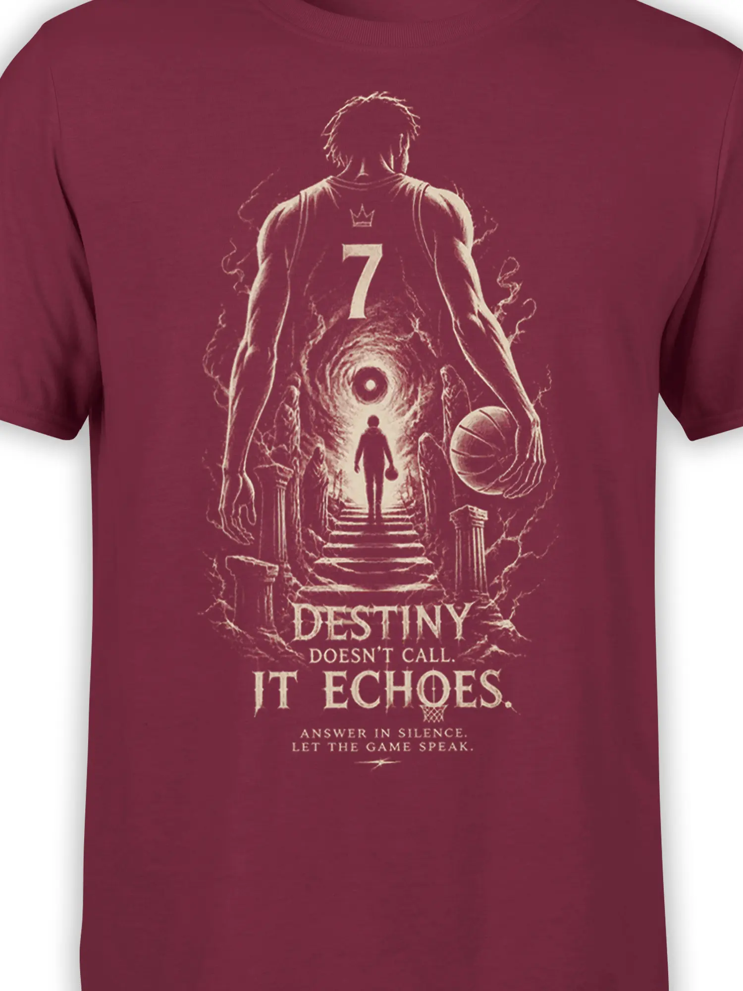 Close-up of crowned number 7 basketball player and glowing portal design on maroon T-shirt