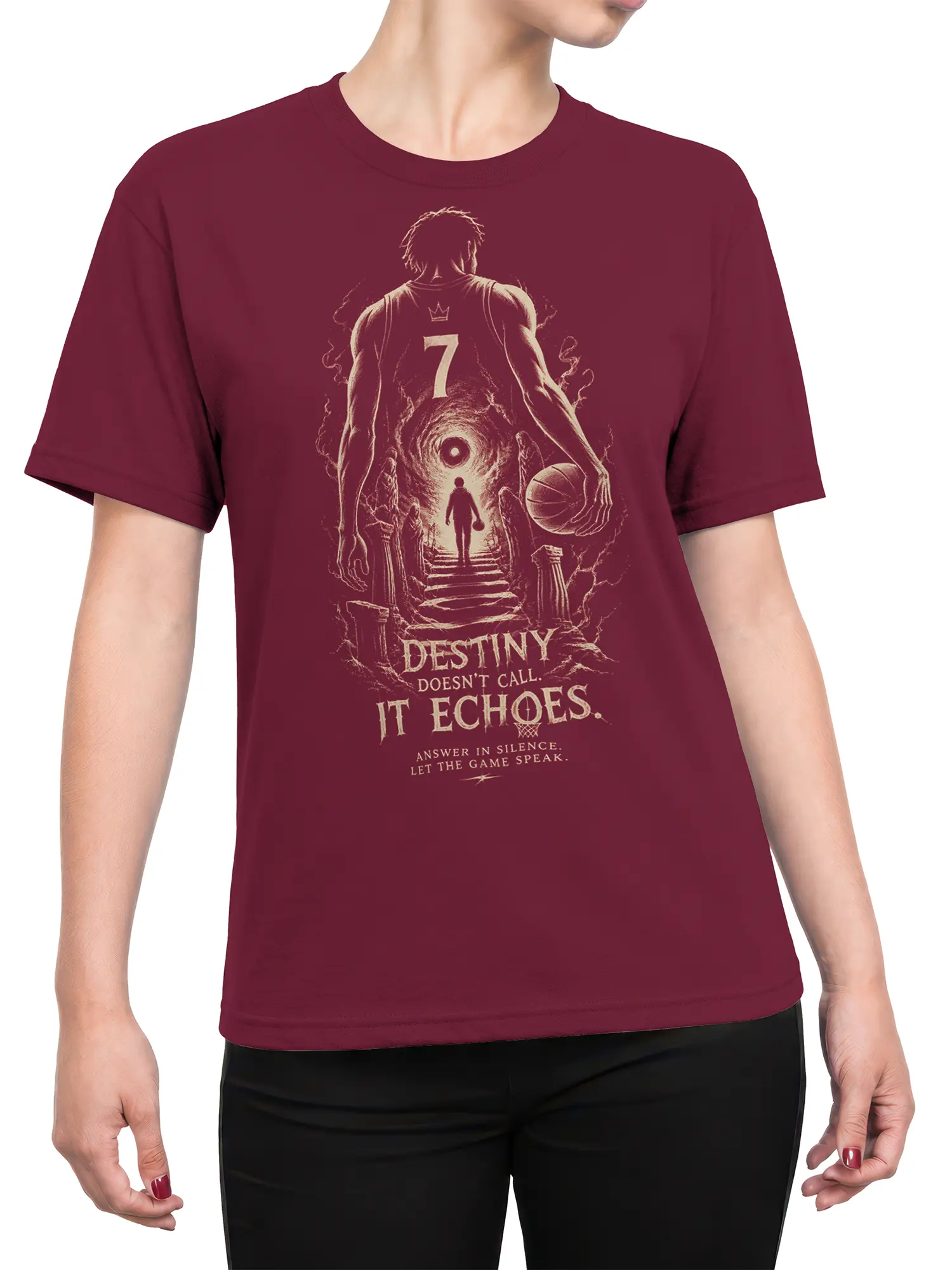 Female torso wearing maroon basketball T-shirt with crowned player and Destiny graphic