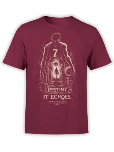 Maroon basketball T-shirt with crowned number 7 player, glowing portal, columns, and Destiny message