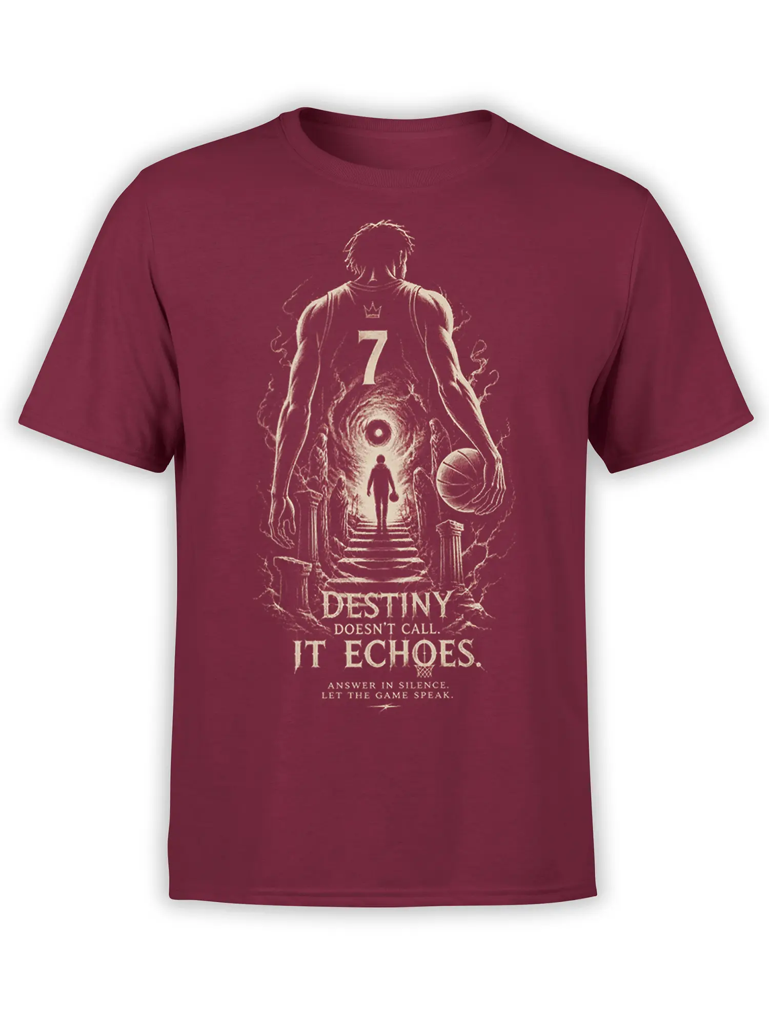 Maroon basketball T-shirt with crowned number 7 player, glowing portal, columns, and Destiny message