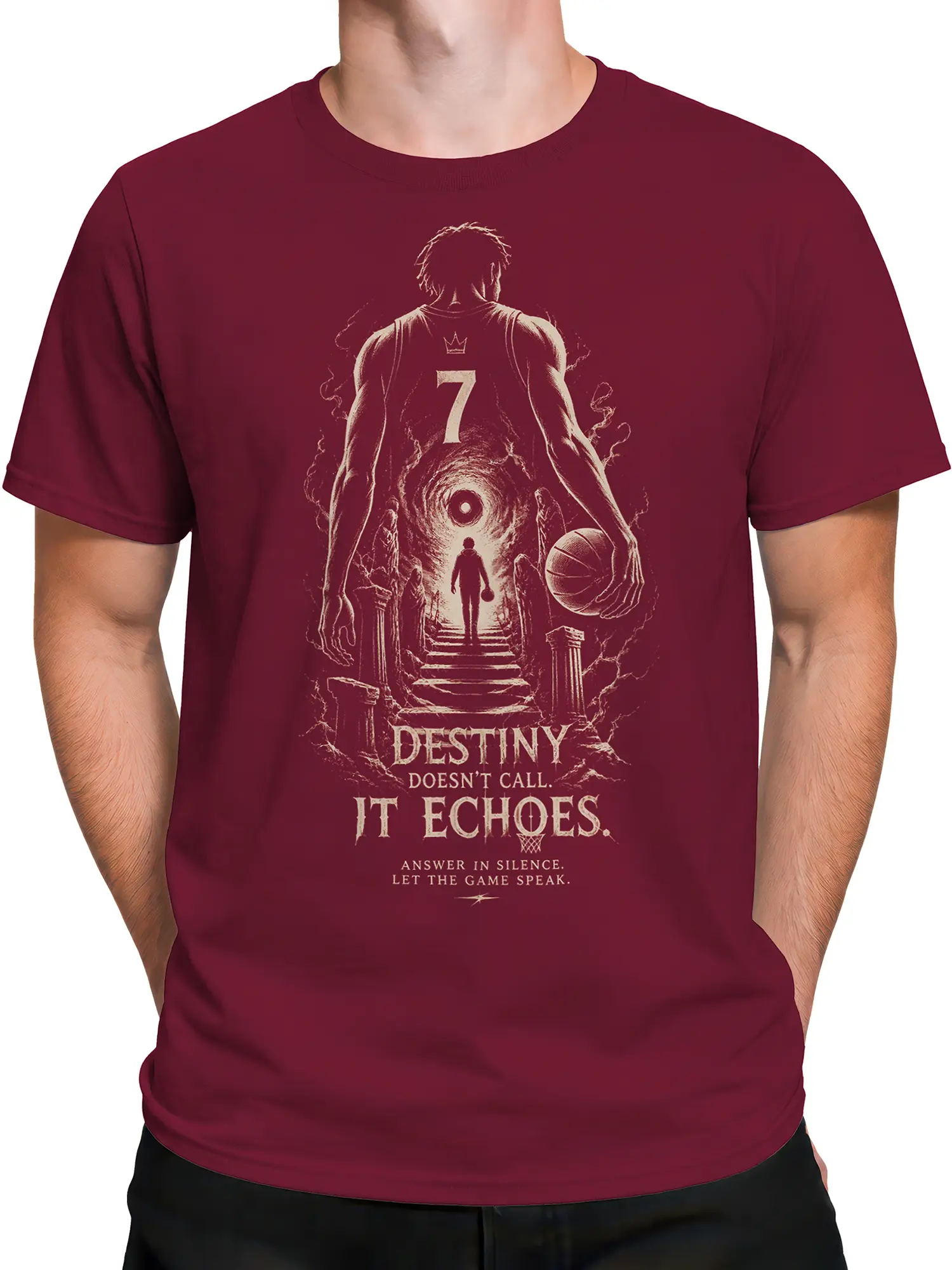 Male torso wearing maroon basketball T-shirt with crowned number 7 player graphic