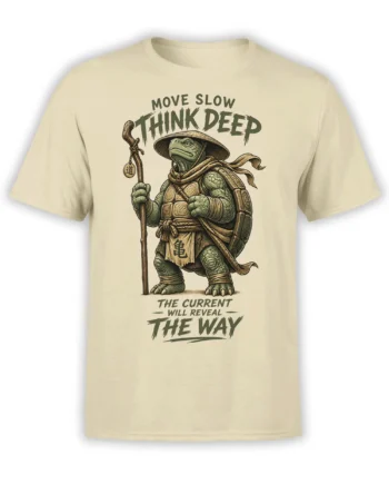 Thoughtful green turtle traveler with staff and slow-living message on a beige graphic T-shirt