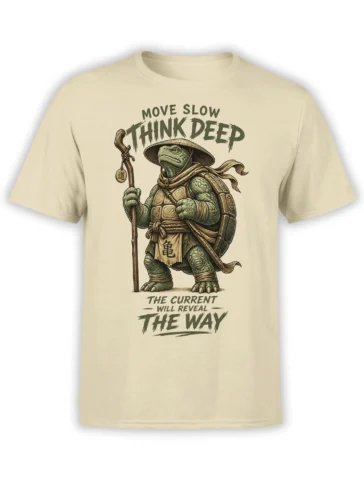 Thoughtful green turtle traveler with staff and slow-living message on a beige graphic T-shirt