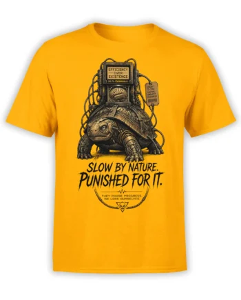 Mechanical turtle with wired shell and anti-productivity message on a yellow T-shirt