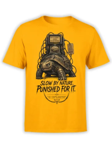 Mechanical turtle with wired shell and anti-productivity message on a yellow T-shirt