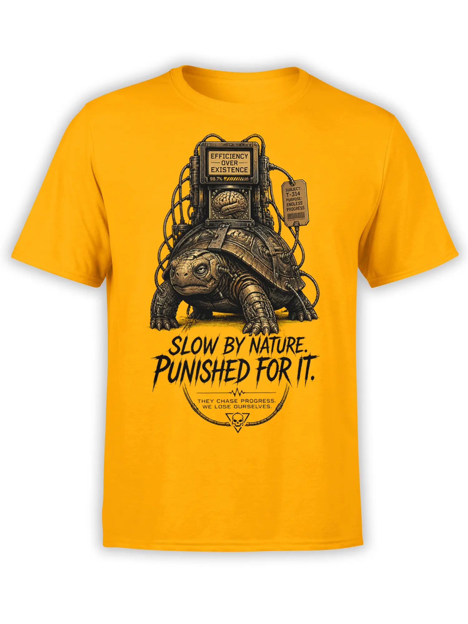 Mechanical turtle with wired shell and anti-productivity message on a yellow T-shirt