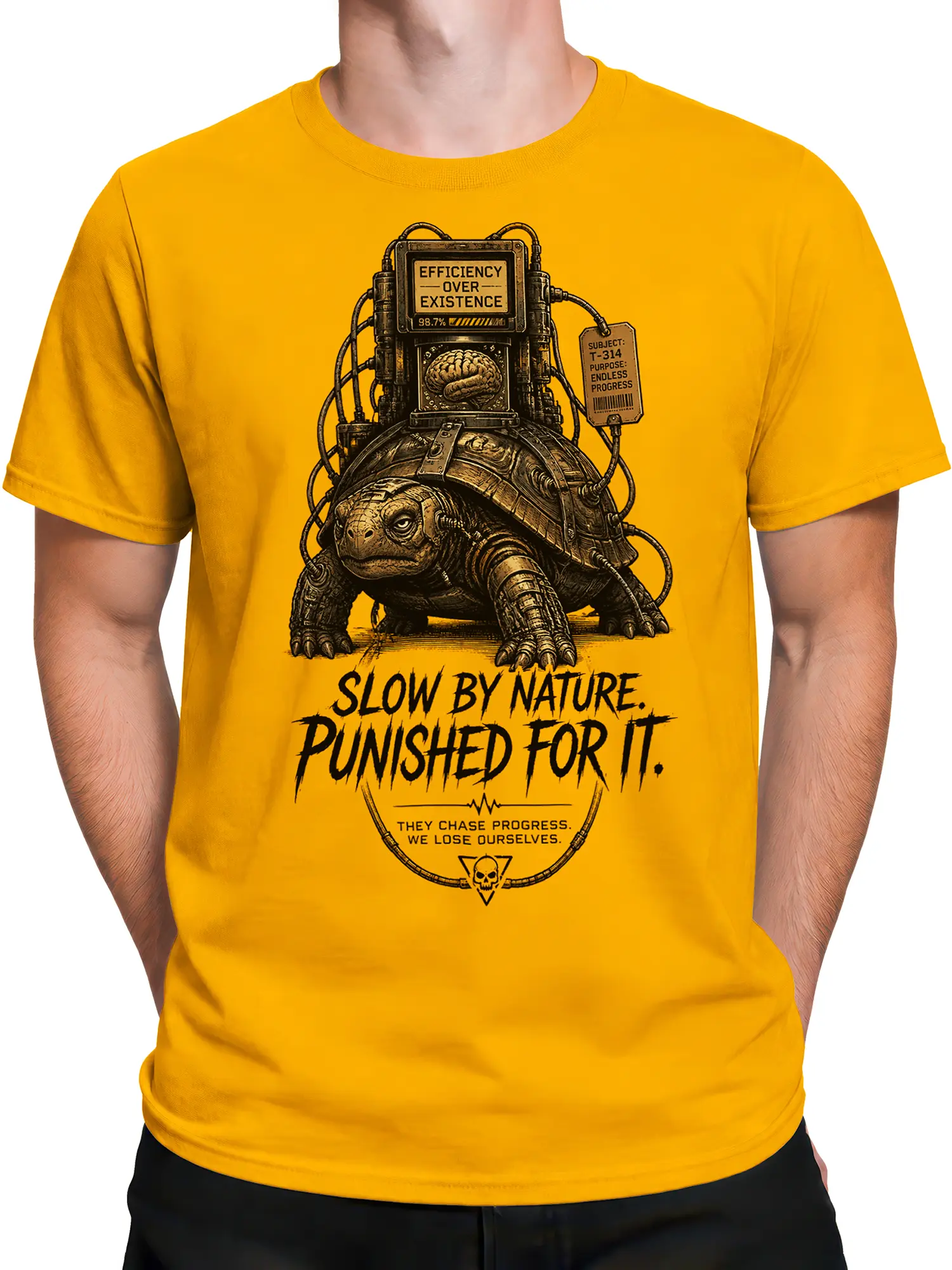 Male torso wearing a yellow T-shirt with a wired mechanical turtle graphic