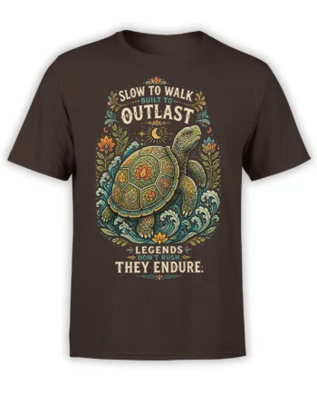 Brown T-shirt with a detailed turtle, ocean waves, flowers, moon, and the message Slow to Walk Built to Outlast