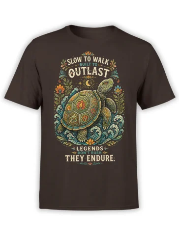 Brown T-shirt with a detailed turtle, ocean waves, flowers, moon, and the message Slow to Walk Built to Outlast