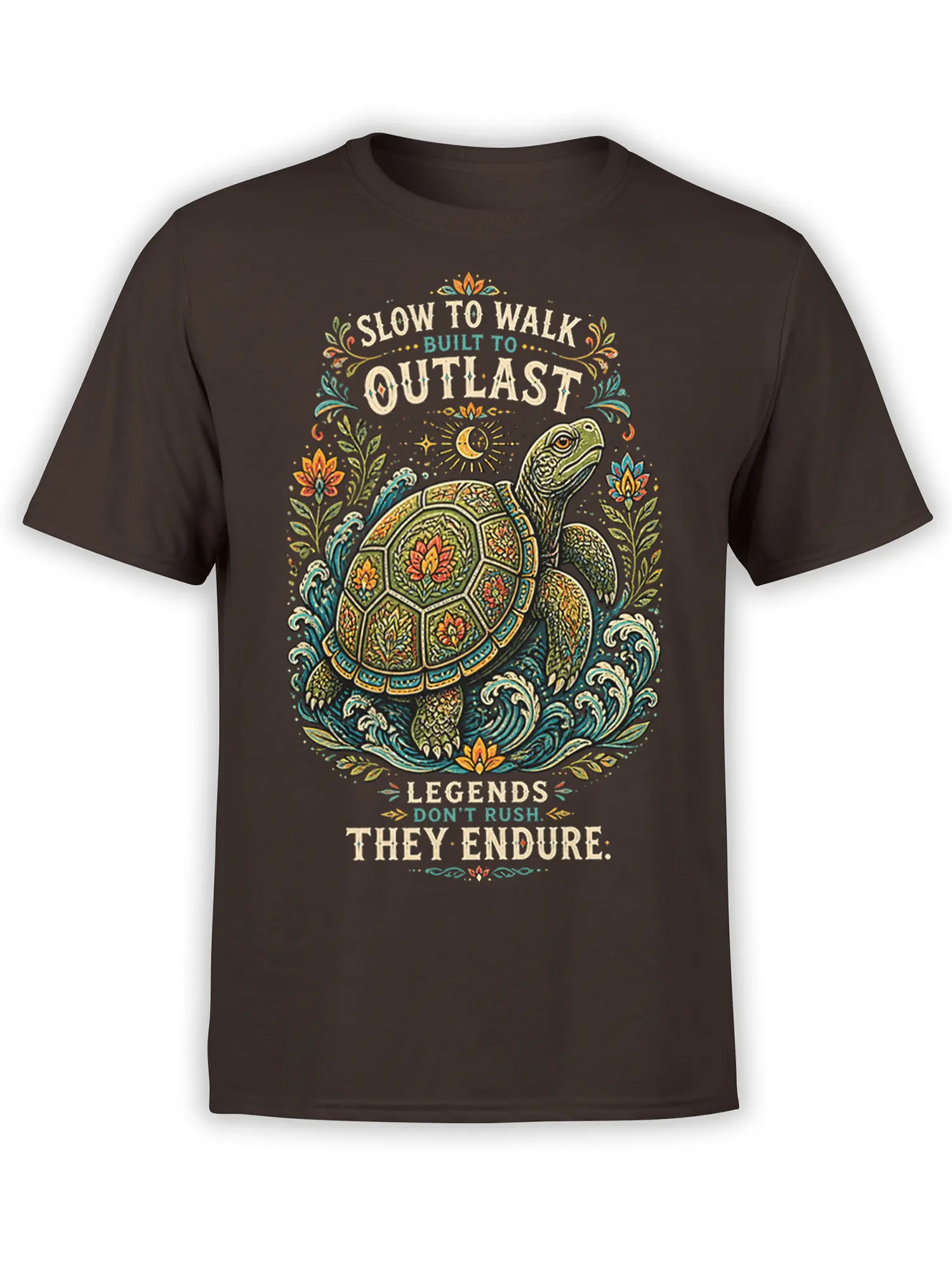 Brown T-shirt with a detailed turtle, ocean waves, flowers, moon, and the message Slow to Walk Built to Outlast