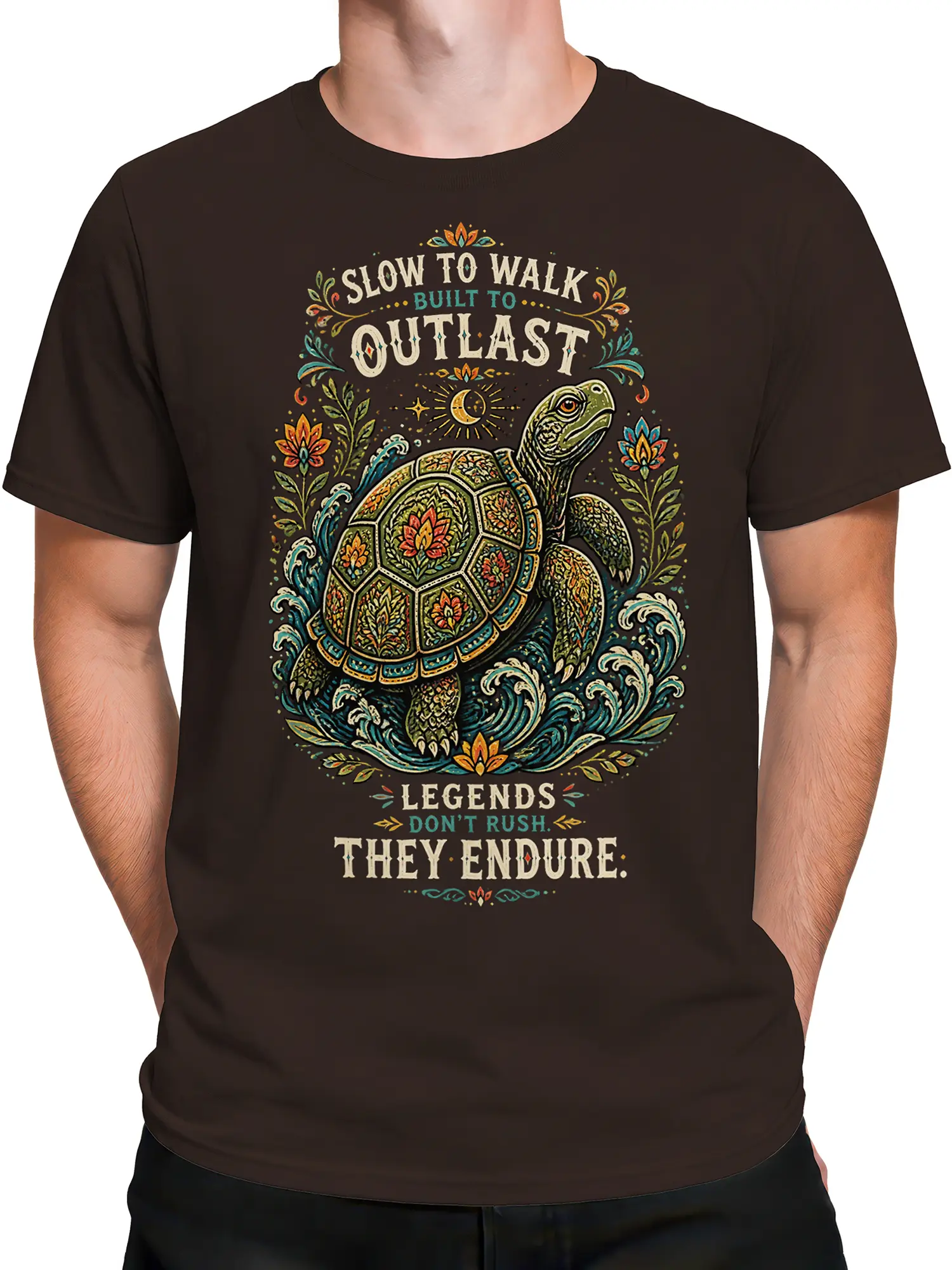 Male torso wearing a brown turtle graphic T-shirt with floral details, waves, moon, and vintage endurance lettering