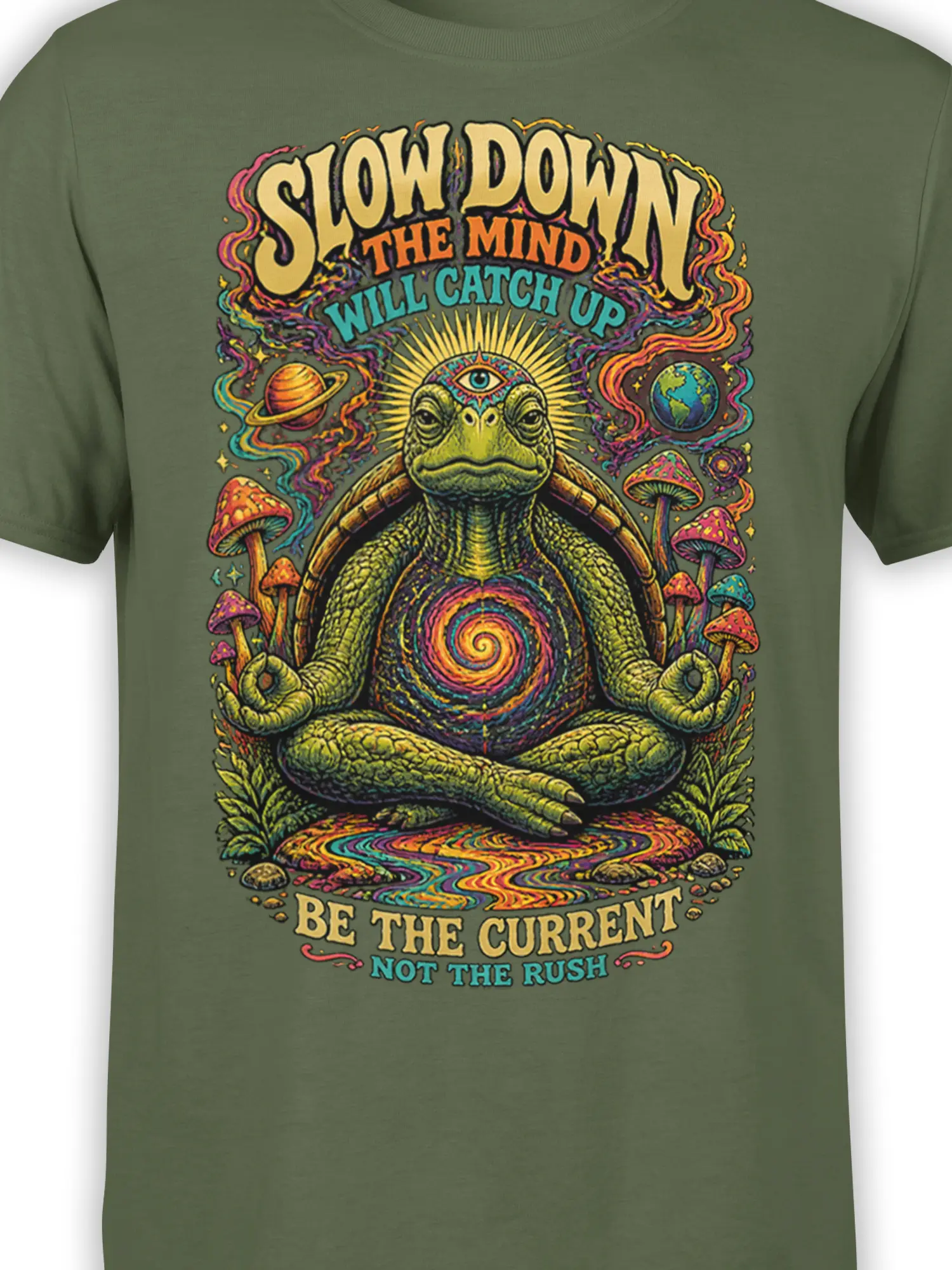 Close-up of the meditating turtle graphic with a spiral shell, cosmic details, mushrooms, and colorful flowing patterns