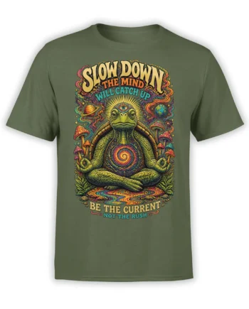 Olive green T-shirt with a meditating turtle, glowing spiral shell, colorful mushrooms, planets, and mindful text
