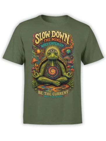 Olive green T-shirt with a meditating turtle, glowing spiral shell, colorful mushrooms, planets, and mindful text
