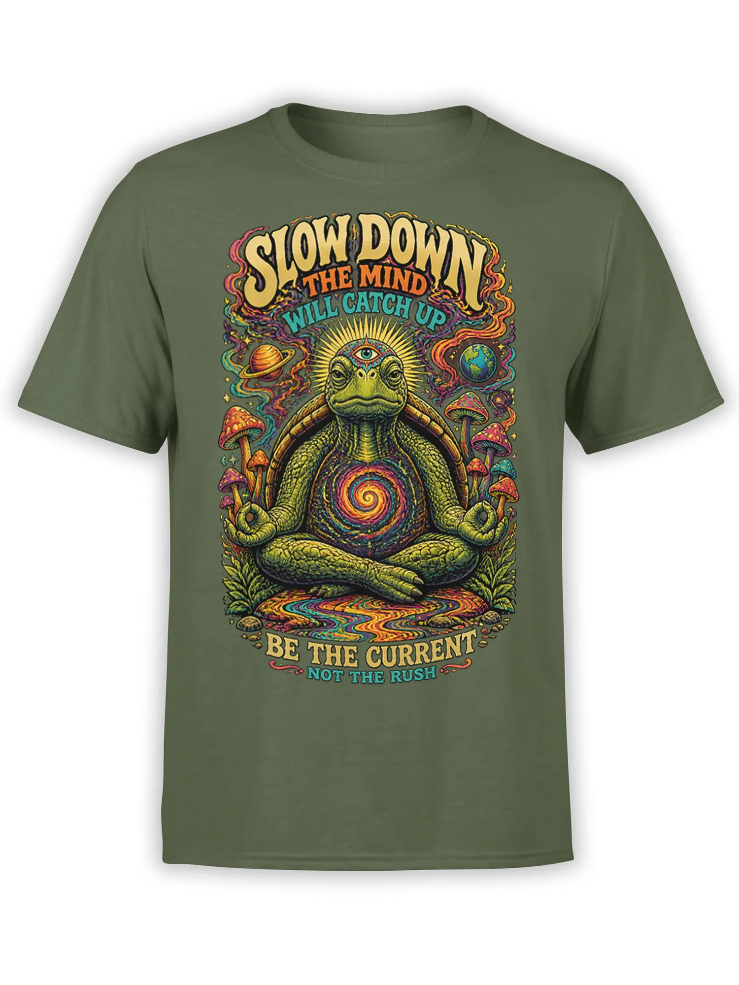 Olive green T-shirt with a meditating turtle, glowing spiral shell, colorful mushrooms, planets, and mindful text