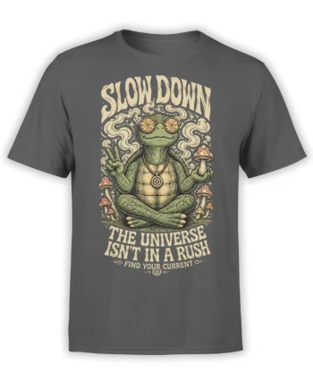 Gray T-shirt with a meditating turtle, mushrooms, peace sign, and “Slow Down” vintage graphic