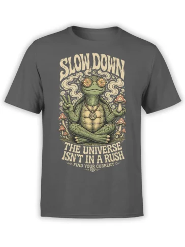 Gray T-shirt with a meditating turtle, mushrooms, peace sign, and “Slow Down” vintage graphic
