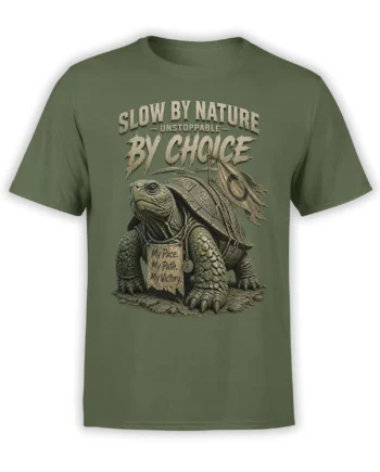 Detailed turtle graphic on a green T-shirt with “Slow by Nature, Unstoppable by Choice” lettering