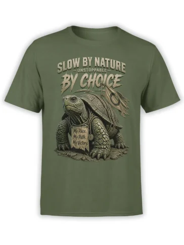 Detailed turtle graphic on a green T-shirt with “Slow by Nature, Unstoppable by Choice” lettering