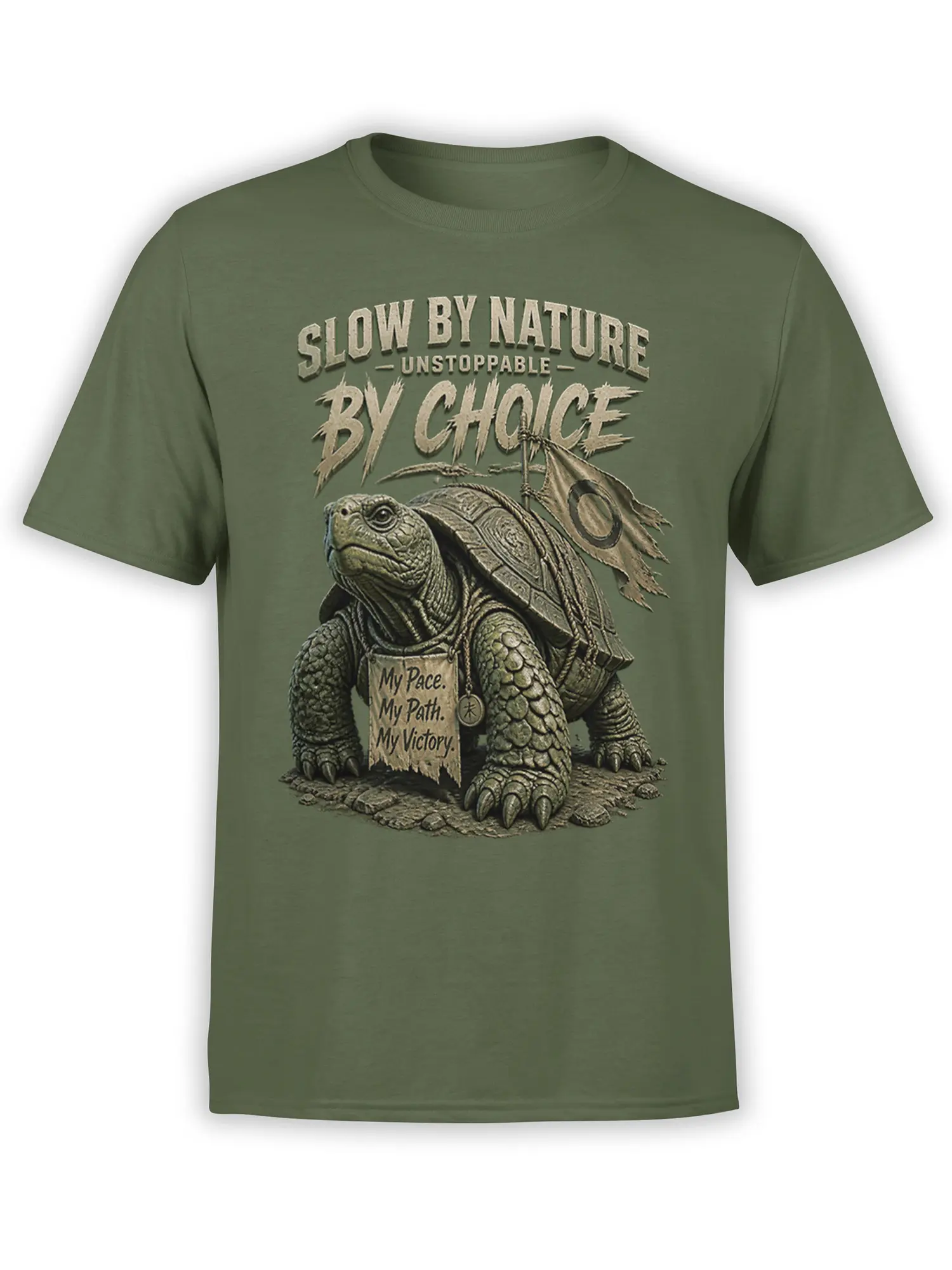 Detailed turtle graphic on a green T-shirt with “Slow by Nature, Unstoppable by Choice” lettering