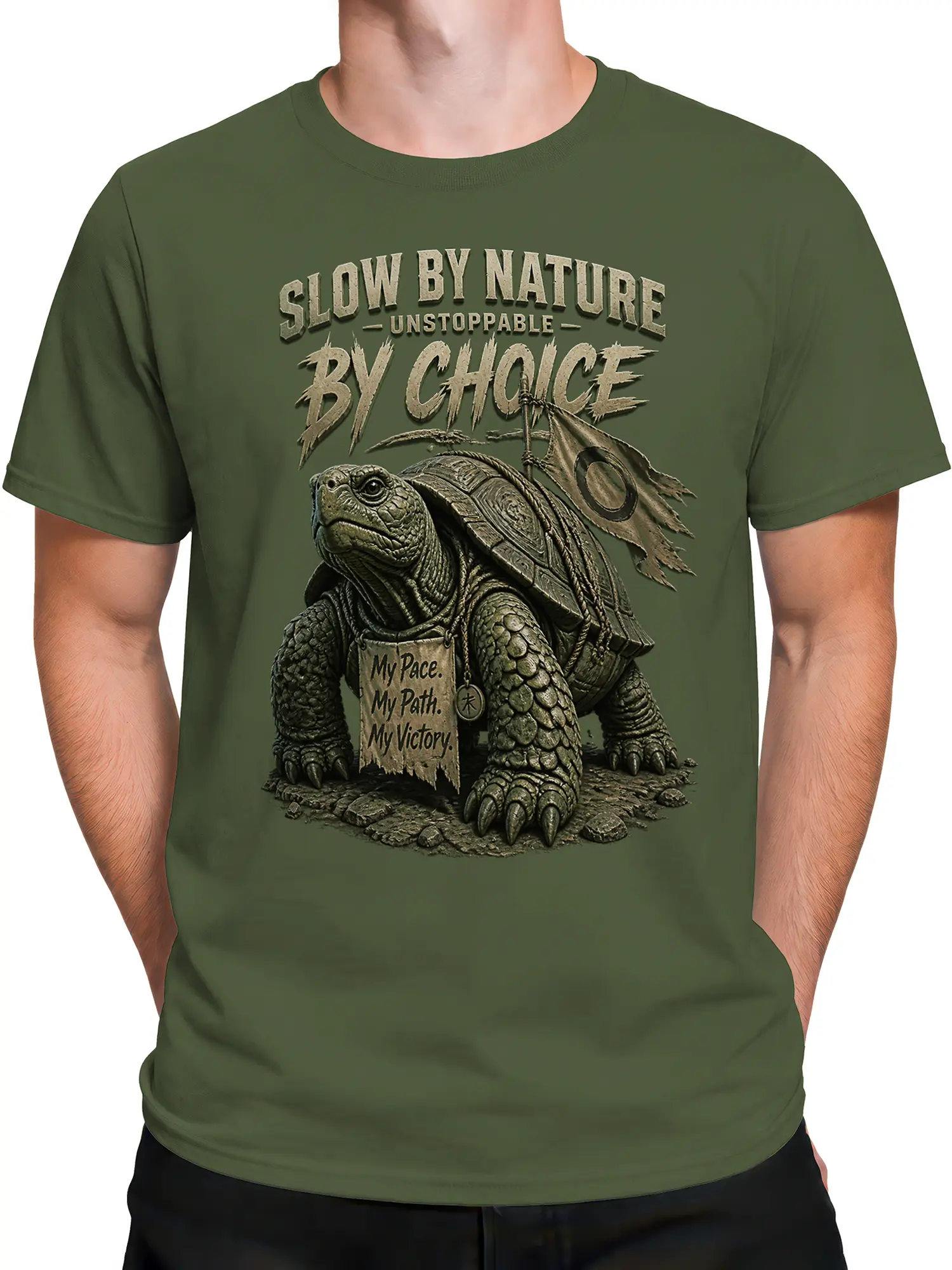 Male torso wearing a green turtle T-shirt with vintage motivational artwork and banner design