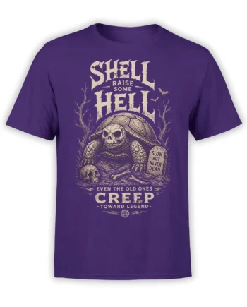 Purple skeleton turtle T-shirt with graveyard art, bats, bones, and the phrase Shell Raise Some Hell