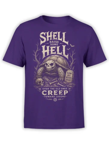 Purple skeleton turtle T-shirt with graveyard art, bats, bones, and the phrase Shell Raise Some Hell