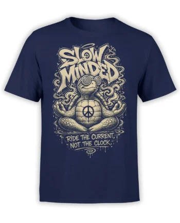 Slow Minded meditating turtle graphic with peace symbol and cream lettering on a navy T-shirt