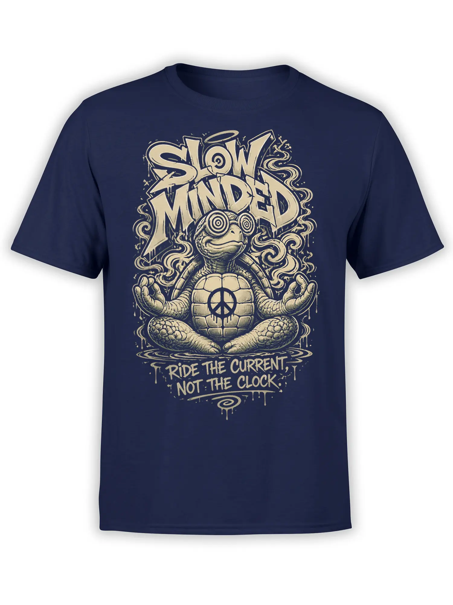 Slow Minded meditating turtle graphic with peace symbol and cream lettering on a navy T-shirt