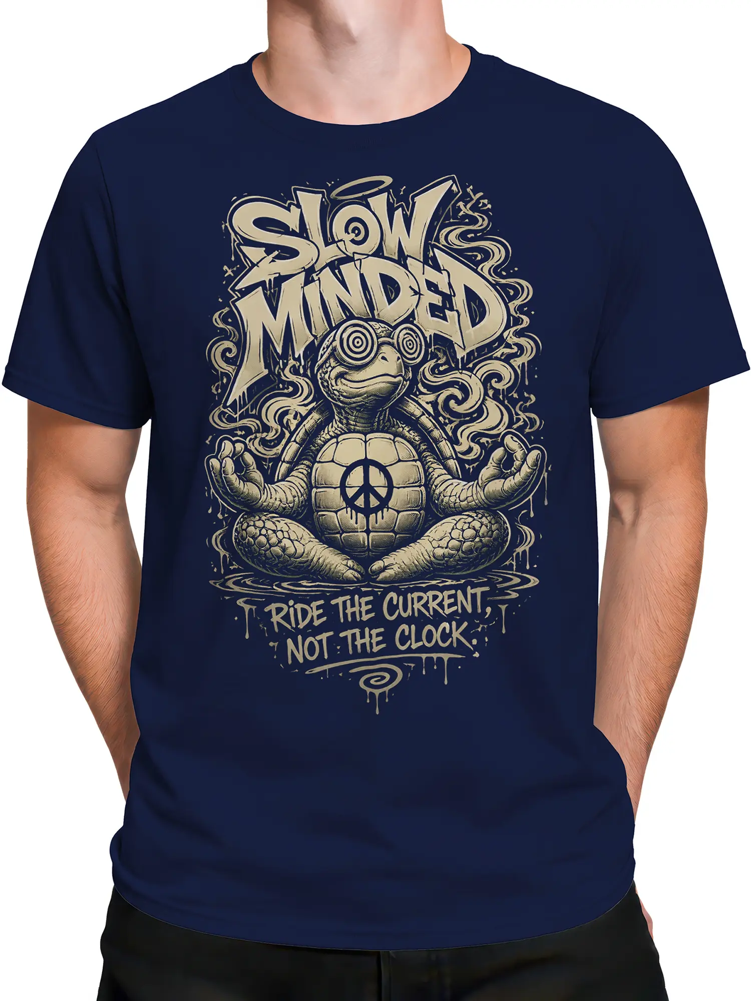 Male torso wearing a navy Slow Minded T-shirt with meditating turtle and peace symbol artwork