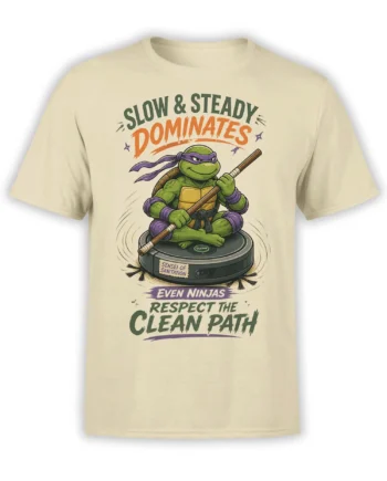 Green martial arts turtle meditating on a cleaning robot with bold lettering on a beige T-shirt