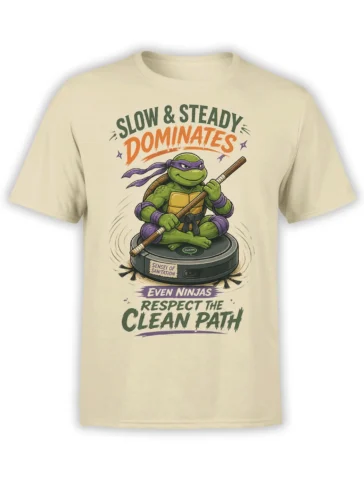 Green martial arts turtle meditating on a cleaning robot with bold lettering on a beige T-shirt
