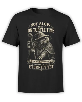 Black turtle T-shirt with a vintage wizard turtle, staff, hourglass, and slow-living quote