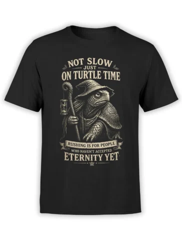 Black turtle T-shirt with a vintage wizard turtle, staff, hourglass, and slow-living quote