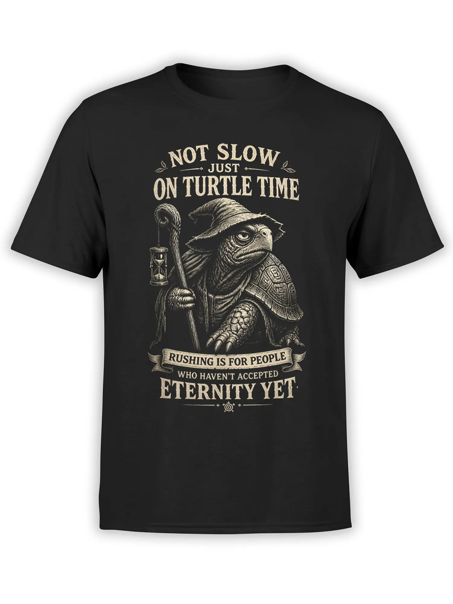 Black turtle T-shirt with a vintage wizard turtle, staff, hourglass, and slow-living quote
