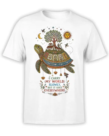 White turtle T-shirt with a colorful village, tree, sun, moon, and slow-living quote
