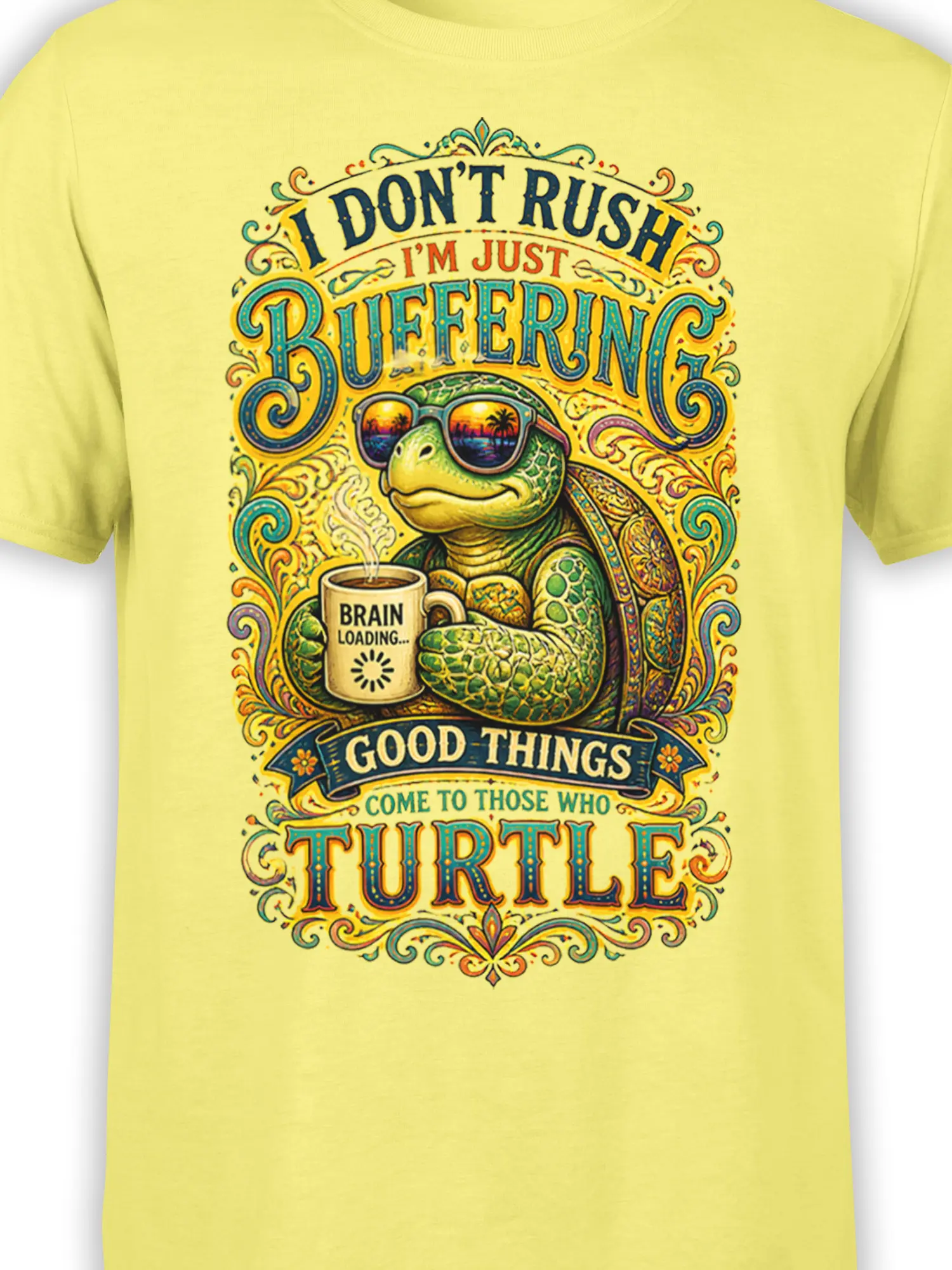 Close-up of yellow turtle graphic with sunglasses, coffee mug, ornate details, and vintage slow-living text