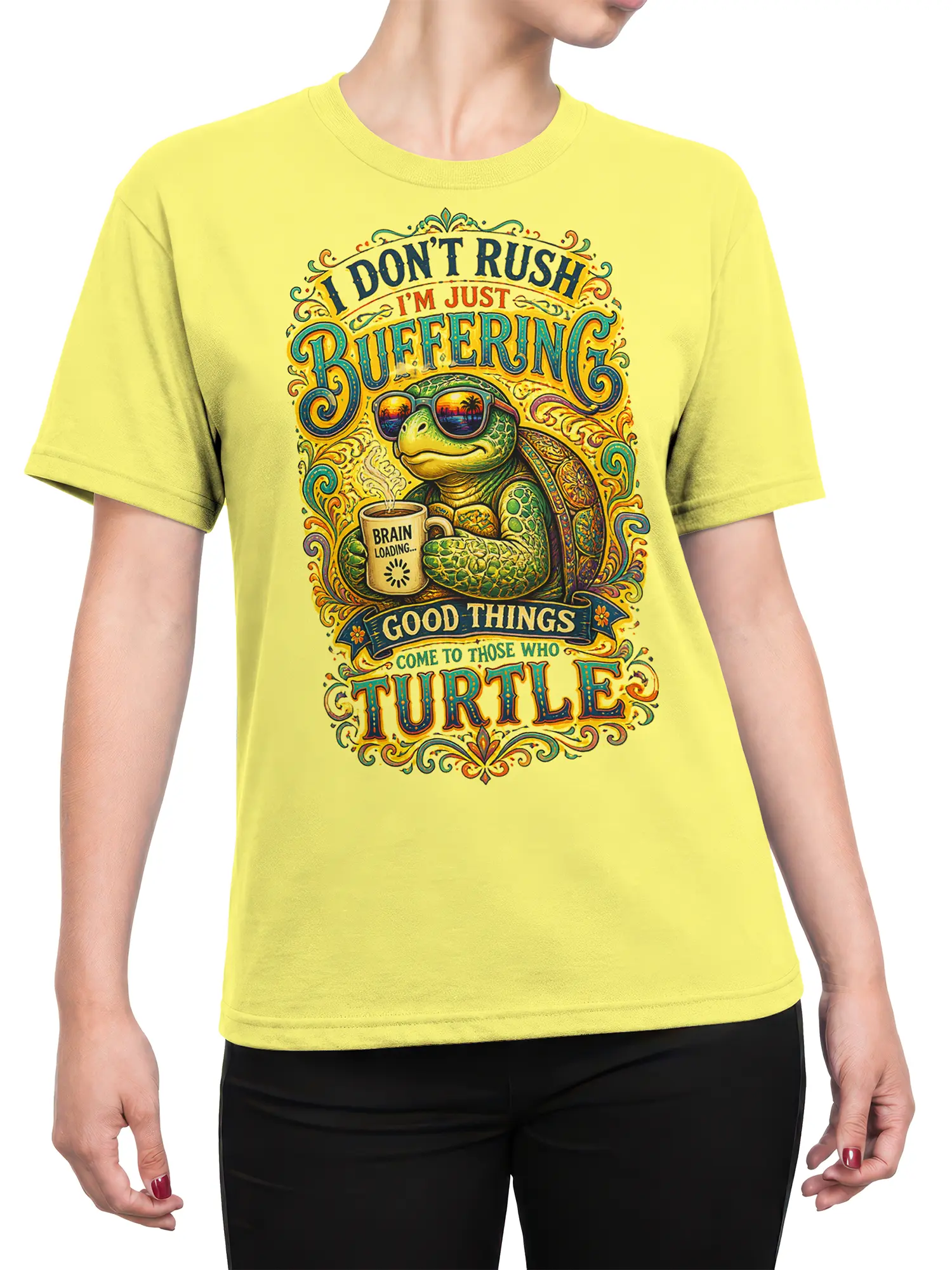 Female torso wearing a yellow turtle T-shirt with sunglasses, coffee mug, and vintage graphic lettering