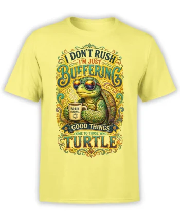 Yellow turtle T-shirt with sunglasses, coffee mug, vintage lettering, and a brain loading message
