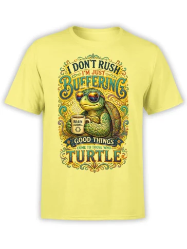 Yellow turtle T-shirt with sunglasses, coffee mug, vintage lettering, and a brain loading message