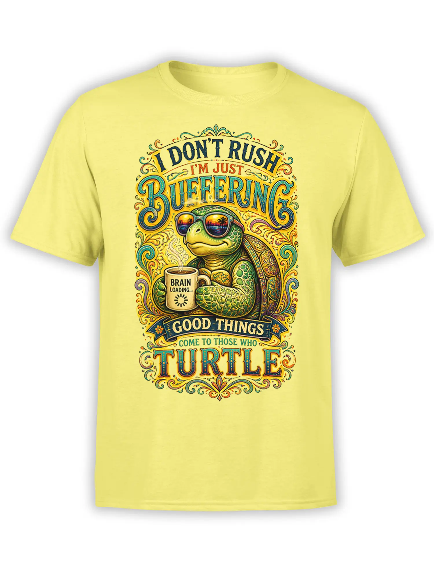 Yellow turtle T-shirt with sunglasses, coffee mug, vintage lettering, and a brain loading message