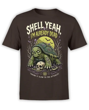 Skull-faced undead turtle graphic with bats, moon, mushrooms, and afterlife text on a dark brown T-shirt
