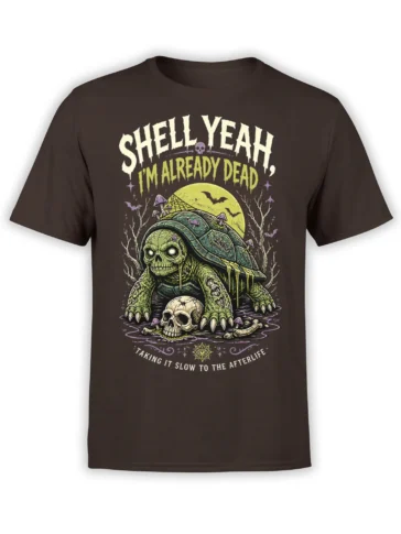 Skull-faced undead turtle graphic with bats, moon, mushrooms, and afterlife text on a dark brown T-shirt