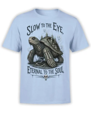 Haunted turtle graphic with candles, skulls, and ghostly figures on a light blue T-shirt