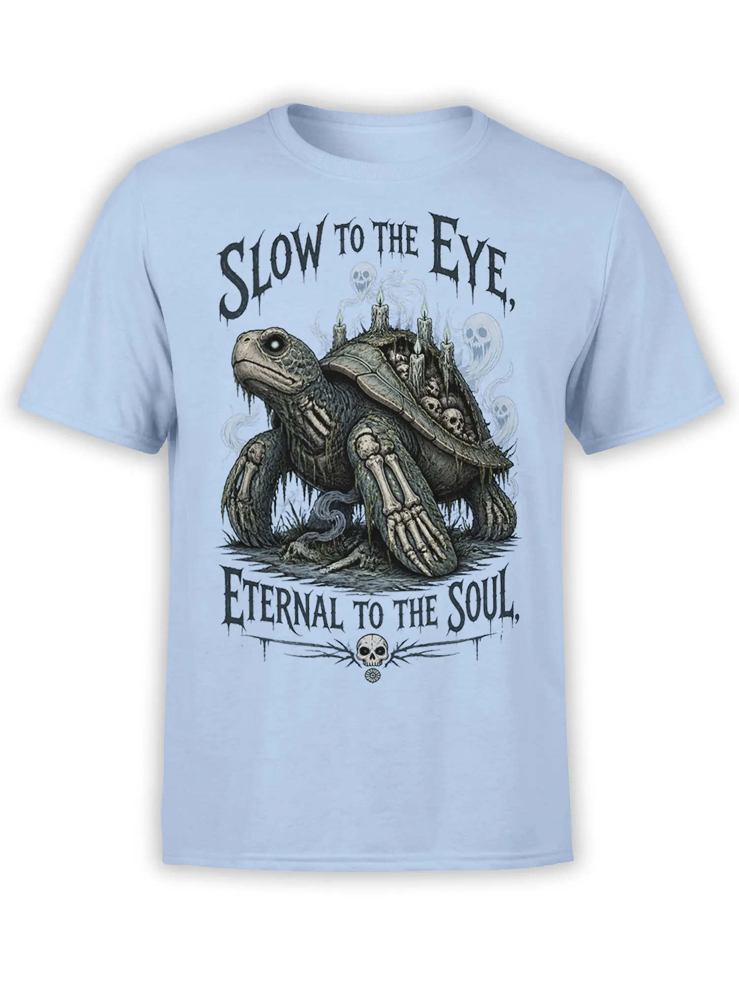 Haunted turtle graphic with candles, skulls, and ghostly figures on a light blue T-shirt