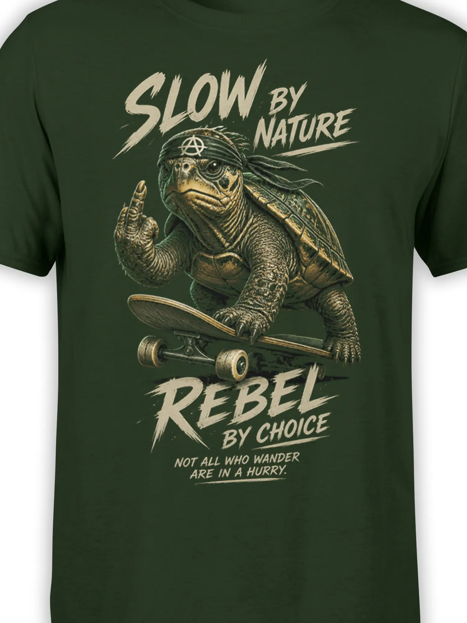 Close-up of the skateboarding turtle graphic and distressed cream rebel lettering on the green T-shirt