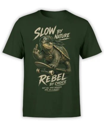 Green T-shirt with a detailed turtle skateboarding beneath bold cream “Slow by Nature” and “Rebel by Choice” lettering