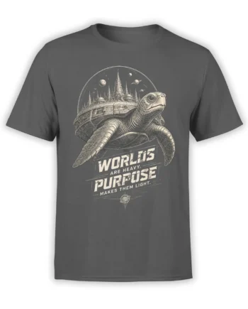 Gray turtle T-shirt with a futuristic city on its shell, planets, and the quote “Worlds Are Heavy”