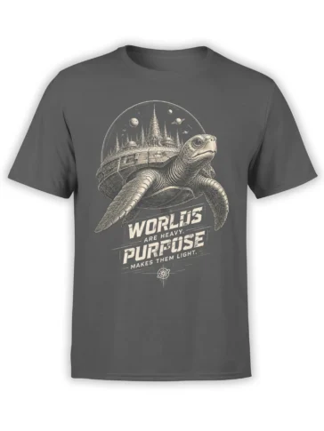 Gray turtle T-shirt with a futuristic city on its shell, planets, and the quote “Worlds Are Heavy”